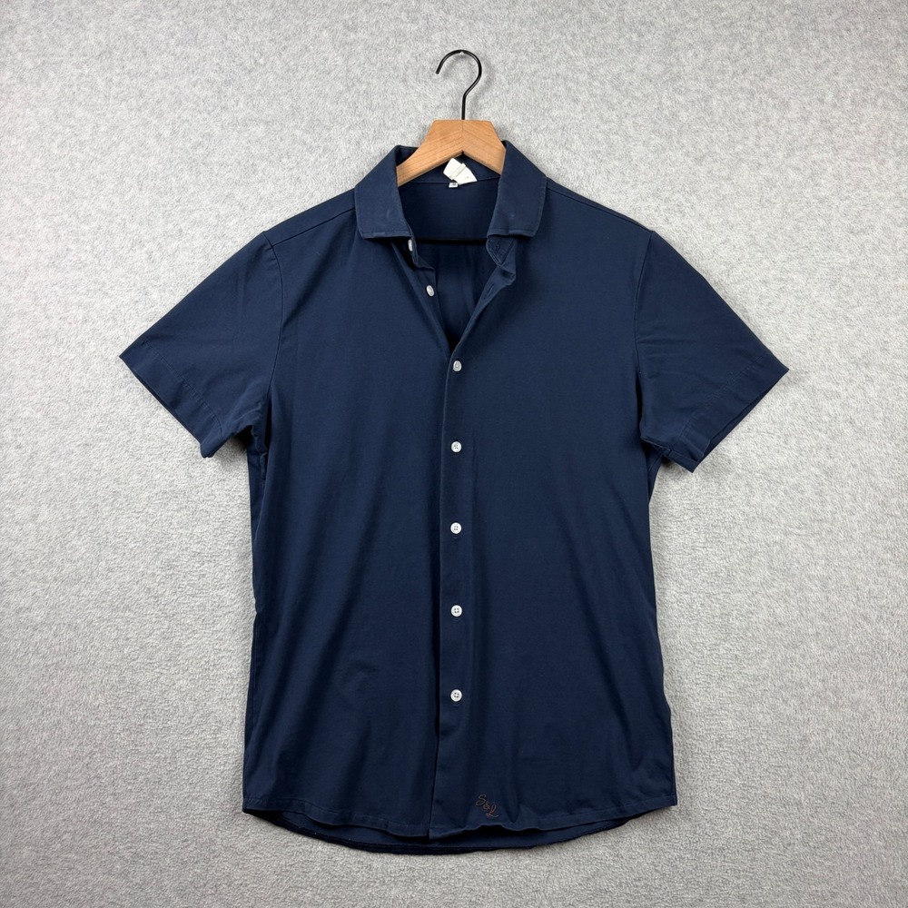 State & Liberty Shirt Mens Medium Navy Blue Athletic Fit Short Sleeve Button Up